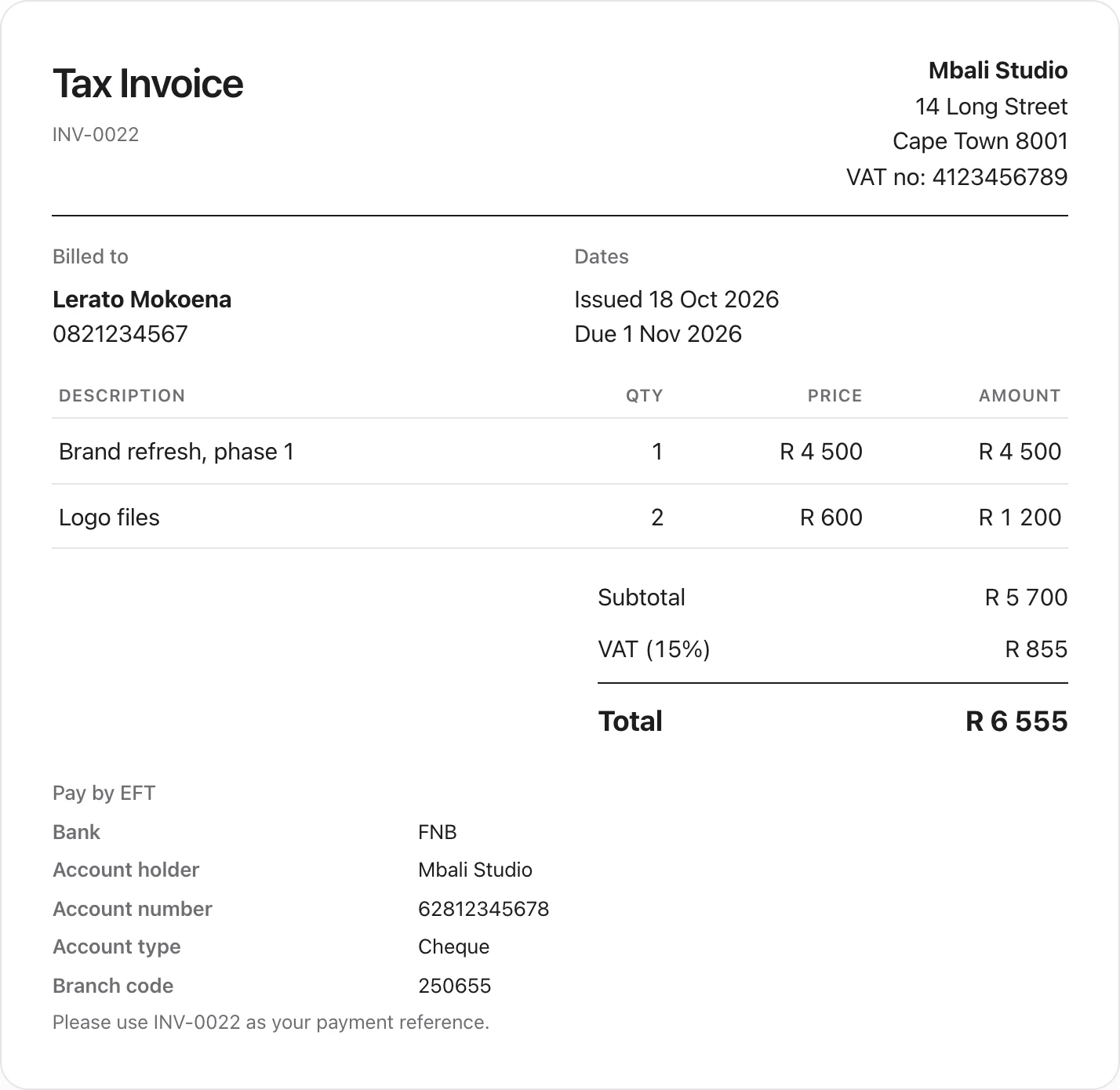 A tax invoice for R 6 555 with two line items, subtotal, 15% VAT and EFT bank details.