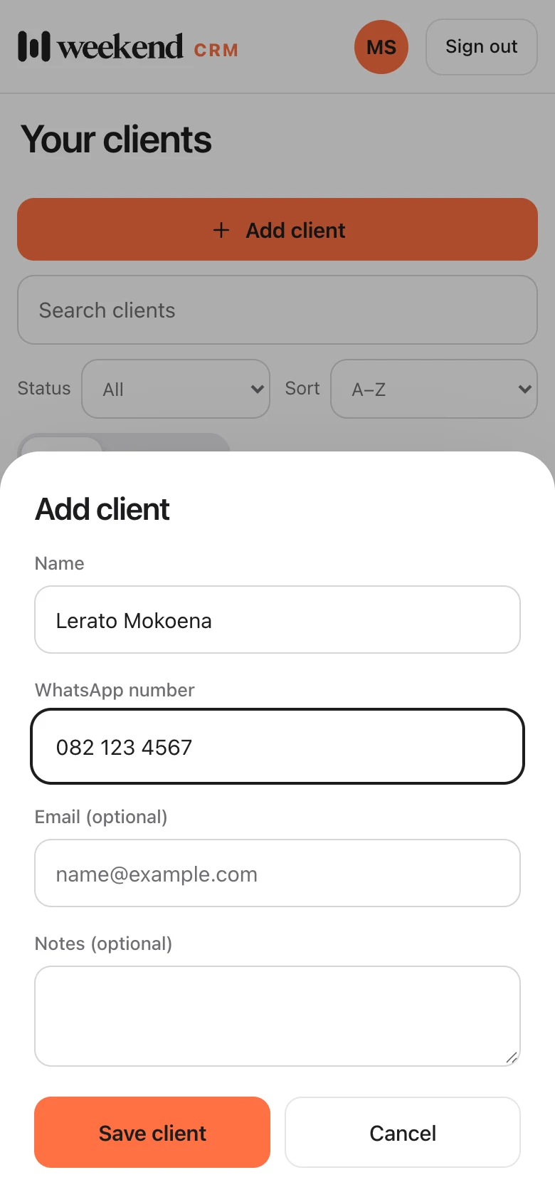 The Add client sheet with a name, WhatsApp number and notes, and a Save client button.