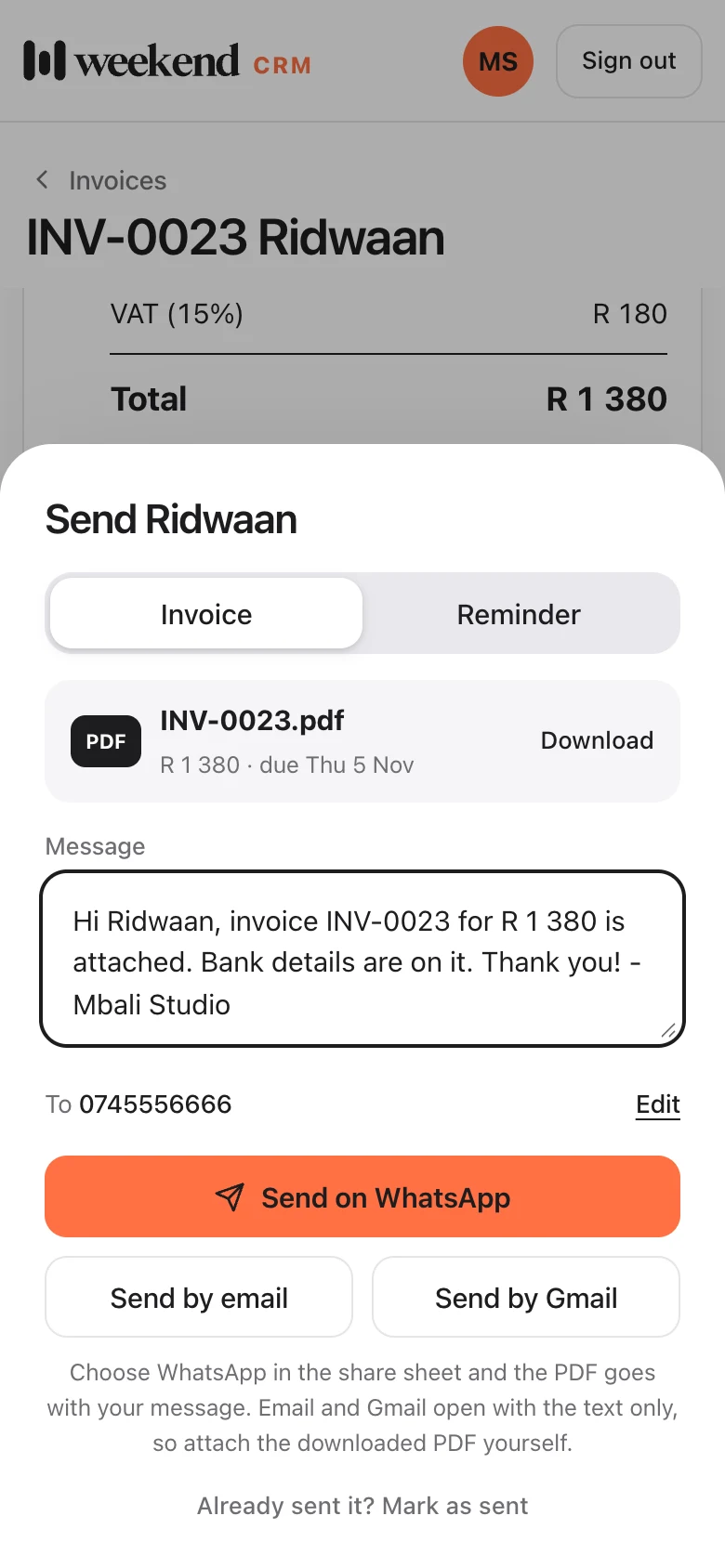 The Send sheet with the invoice PDF, the client's WhatsApp number, a friendly message and a Share PDF in WhatsApp button.